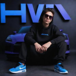 3D illusion art for a profile picture featuring an attractive 18-year-old boy in a black hoodie and sunglasses, casually sitting on a blue Nissan GTR with sneakers. 'Akhil' is written in large uppercase purple neon letters on a dark black wall in the background.