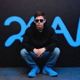 3D illusion art for a profile picture featuring an attractive 18-year-old boy in a black hoodie and sunglasses, casually sitting on a blue Nissan GTR with sneakers. 'Akhil' is written in large uppercase purple neon letters on a dark black wall in the background.