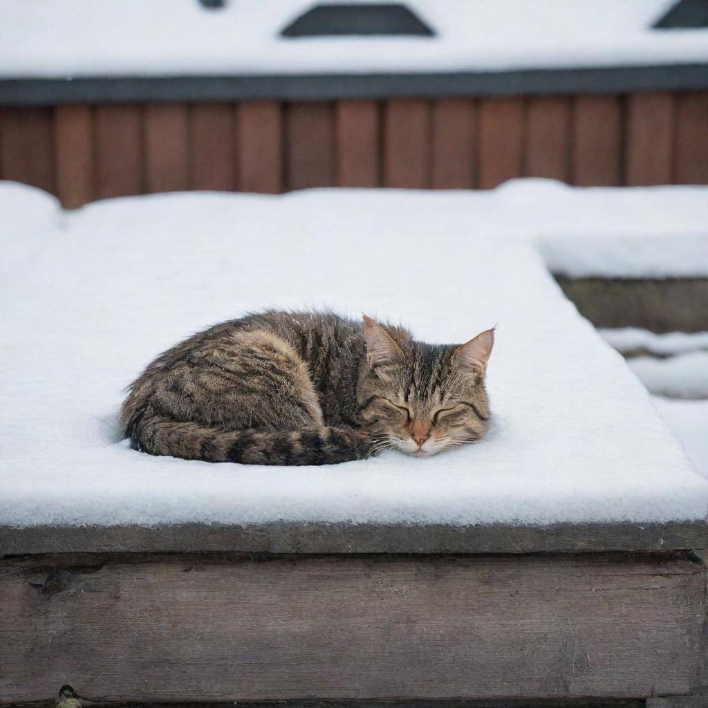 A resourceful stray cat curled up on a warm drain amongst the snowy houses, taking a deep sleep in the chilly wintertime.