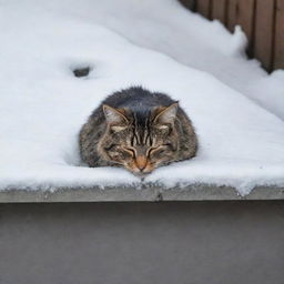 A resourceful stray cat curled up on a warm drain amongst the snowy houses, taking a deep sleep in the chilly wintertime.