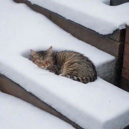 A resourceful stray cat curled up on a warm drain amongst the snowy houses, taking a deep sleep in the chilly wintertime.