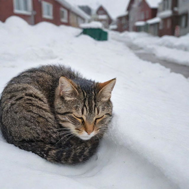 A resourceful stray cat curled up on a warm drain amongst the snowy houses, taking a deep sleep in the chilly wintertime.