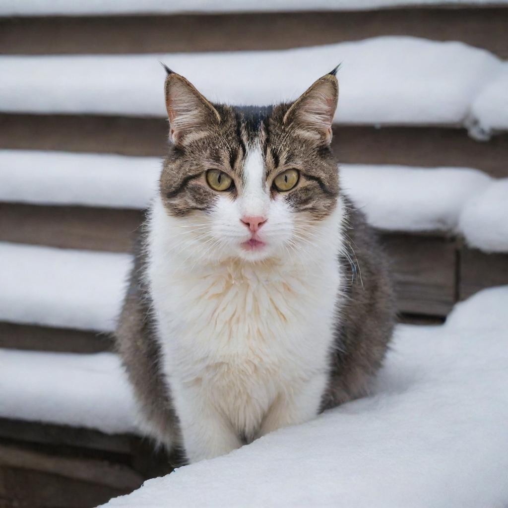 The same stray cat, now visibly disturbed with her fur bristled and eyes wide, hissing in irritation atop of the warm drain among snowy houses.