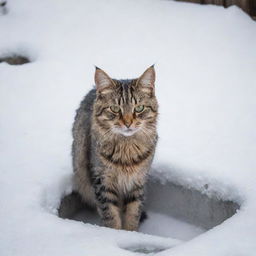 The same stray cat, now visibly disturbed with her fur bristled and eyes wide, hissing in irritation atop of the warm drain among snowy houses.