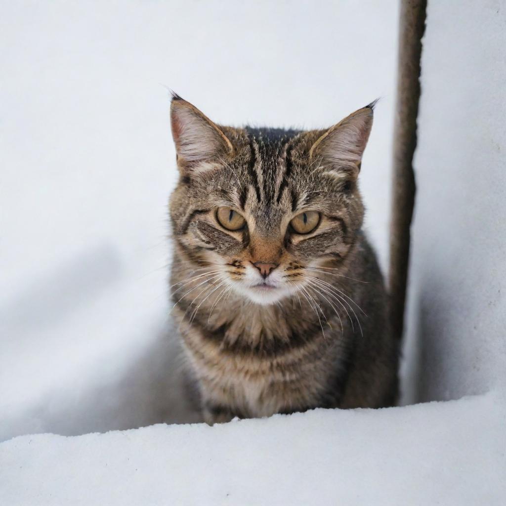 The same stray cat, now visibly disturbed with her fur bristled and eyes wide, hissing in irritation atop of the warm drain among snowy houses.