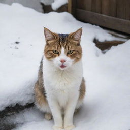 The same stray cat, now visibly disturbed with her fur bristled and eyes wide, hissing in irritation atop of the warm drain among snowy houses.