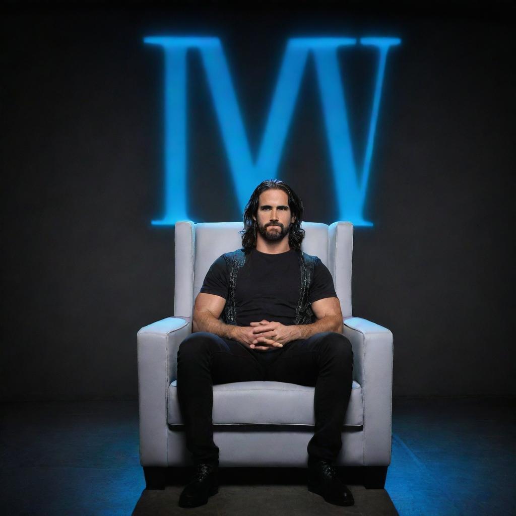 3D illusion of WWE superstar Seth Rollins casually sitting on a wingback chair, with a large blue neon light sign spelling 'Seth Rollins' on a dark grey wall in the background.