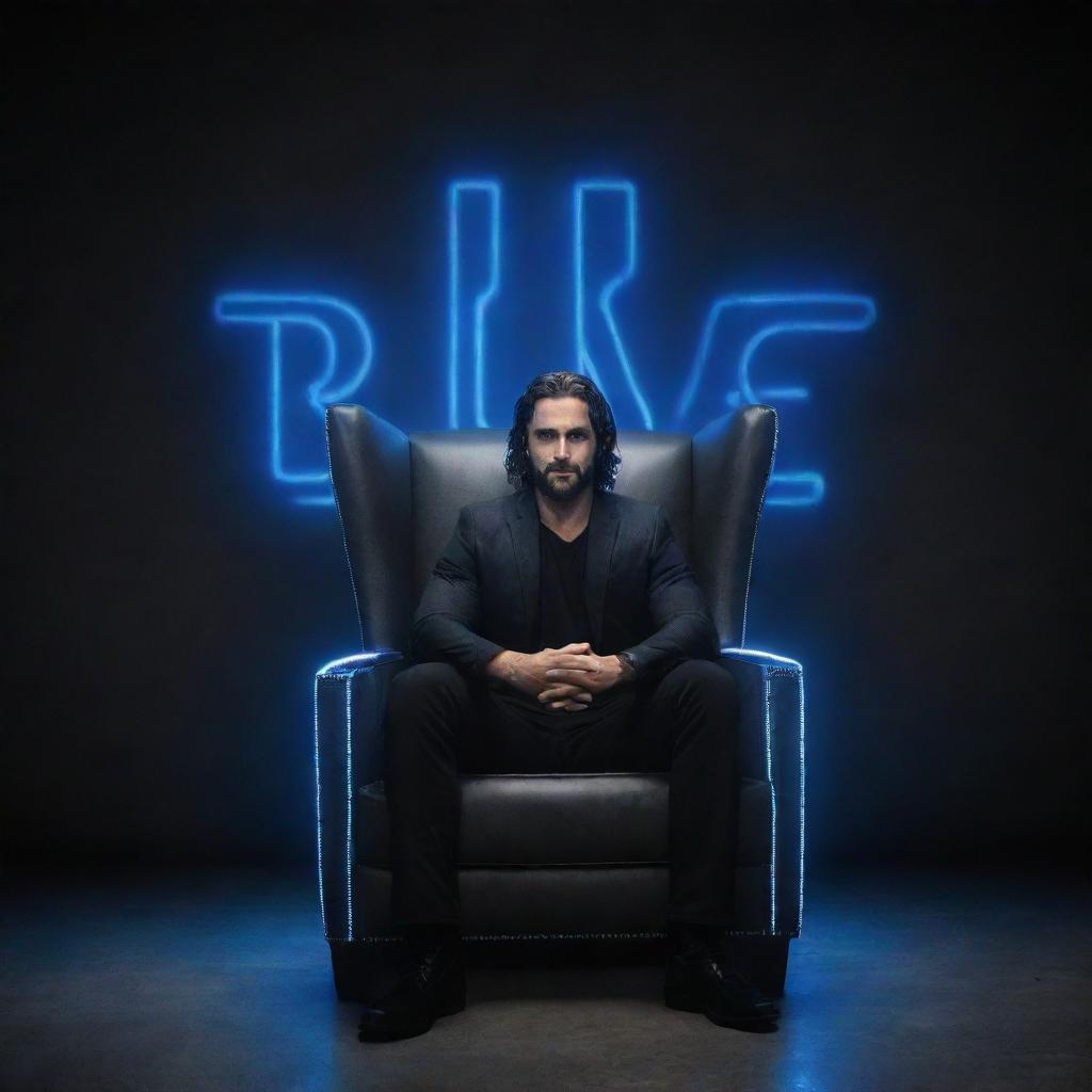 3D illusion of WWE superstar Seth Rollins casually sitting on a wingback chair, with a large blue neon light sign spelling 'Seth Rollins' on a dark grey wall in the background.