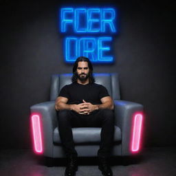 3D illusion of WWE superstar Seth Rollins casually sitting on a wingback chair, with a large blue neon light sign spelling 'Seth Rollins' on a dark grey wall in the background.