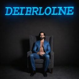 3D illusion of WWE superstar Seth Rollins casually sitting on a wingback chair, with a large blue neon light sign spelling 'Seth Rollins' on a dark grey wall in the background.