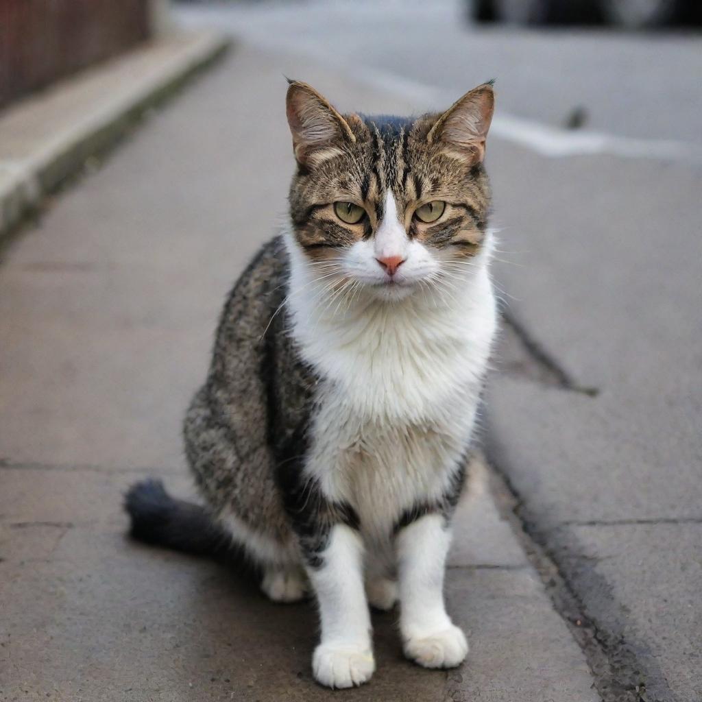 A now agitated stray cat atop the warm drain, her fur bushing up with anger in the chilly street scene.