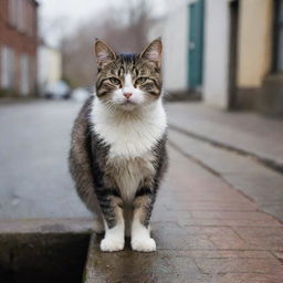 A now agitated stray cat atop the warm drain, her fur bushing up with anger in the chilly street scene.