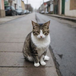 A now agitated stray cat atop the warm drain, her fur bushing up with anger in the chilly street scene.