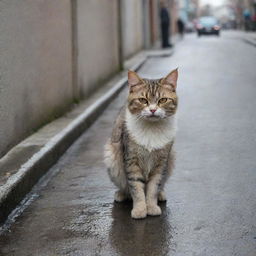 A now agitated stray cat atop the warm drain, her fur bushing up with anger in the chilly street scene.