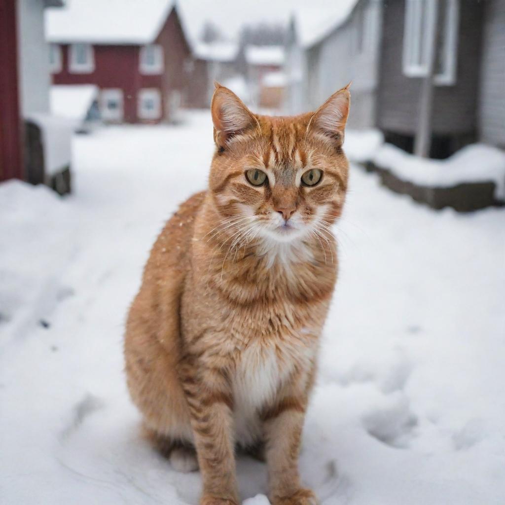 A stray cat against the backdrop of snowy houses, body tense and eyes ablaze with intense fury, clearly exuding the wild instincts it needs to survive.