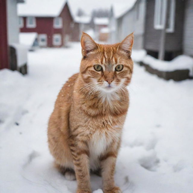 A stray cat against the backdrop of snowy houses, body tense and eyes ablaze with intense fury, clearly exuding the wild instincts it needs to survive.