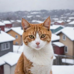 A stray cat against the backdrop of snowy houses, body tense and eyes ablaze with intense fury, clearly exuding the wild instincts it needs to survive.