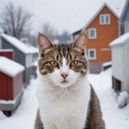 A stray cat against the backdrop of snowy houses, body tense and eyes ablaze with intense fury, clearly exuding the wild instincts it needs to survive.