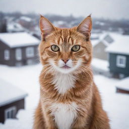 A stray cat against the backdrop of snowy houses, body tense and eyes ablaze with intense fury, clearly exuding the wild instincts it needs to survive.