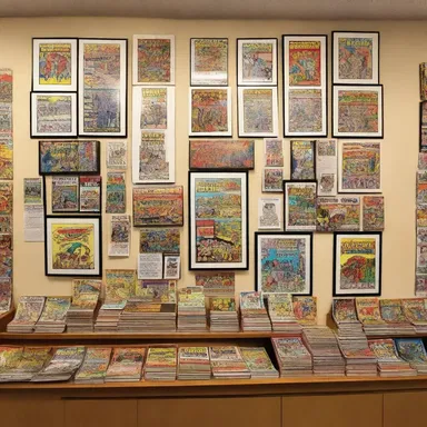 The comic book store had a cozy, homey feel, with posters and artwork adorning the walls.