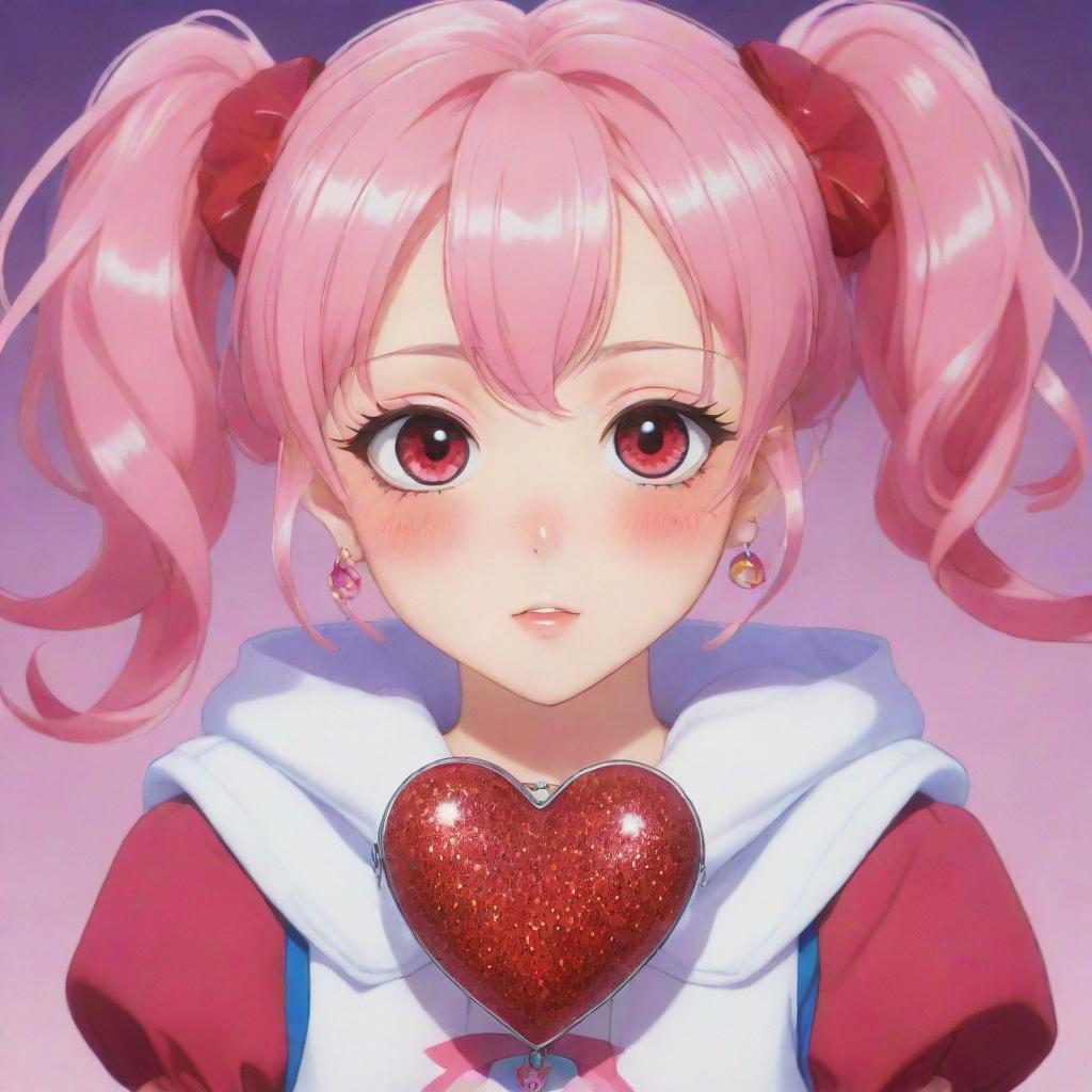 A vibrantly colored Anime girl character with oversized, sparkly eyes, wearing a huge heart-shaped locket that signifies her enormous heart.