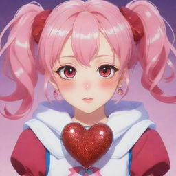 A vibrantly colored Anime girl character with oversized, sparkly eyes, wearing a huge heart-shaped locket that signifies her enormous heart.