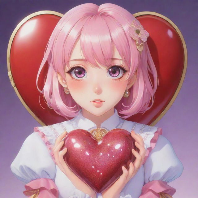 A vibrantly colored Anime girl character with oversized, sparkly eyes, wearing a huge heart-shaped locket that signifies her enormous heart.