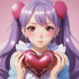 A vibrantly colored Anime girl character with oversized, sparkly eyes, wearing a huge heart-shaped locket that signifies her enormous heart.