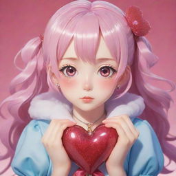 A vibrantly colored Anime girl character with oversized, sparkly eyes, wearing a huge heart-shaped locket that signifies her enormous heart.