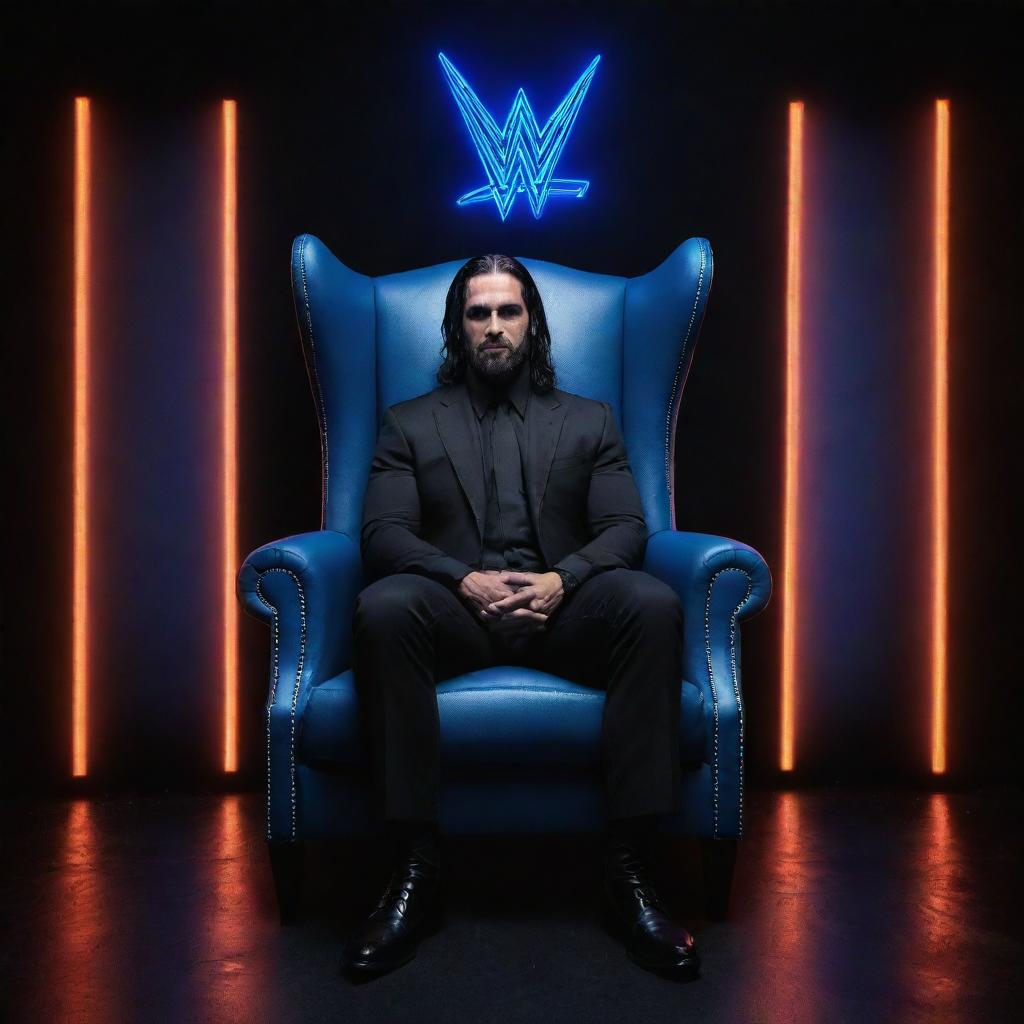 A 3D illusion of WWE superstar Seth Rollins sitting comfortably in a wingback chair, with the word 'Freaken' displayed large and in capital letters, illuminated by blue neon light in the background.