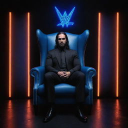 A 3D illusion of WWE superstar Seth Rollins sitting comfortably in a wingback chair, with the word 'Freaken' displayed large and in capital letters, illuminated by blue neon light in the background.