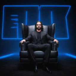 A 3D illusion of WWE superstar Seth Rollins sitting comfortably in a wingback chair, with the word 'Freaken' displayed large and in capital letters, illuminated by blue neon light in the background.