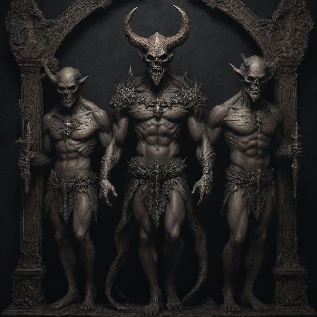 Create an artwork of three devilish figures, intricately detailed and displaying a range of demonic characteristics, sharedly holding an ornate cross in a somewhat ominous setting