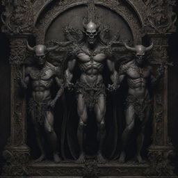 Create an artwork of three devilish figures, intricately detailed and displaying a range of demonic characteristics, sharedly holding an ornate cross in a somewhat ominous setting