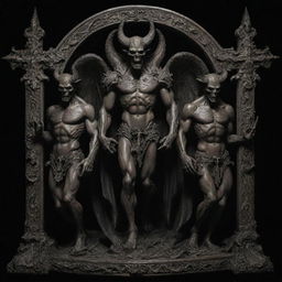 Create an artwork of three devilish figures, intricately detailed and displaying a range of demonic characteristics, sharedly holding an ornate cross in a somewhat ominous setting