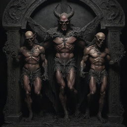 Create an artwork of three devilish figures, intricately detailed and displaying a range of demonic characteristics, sharedly holding an ornate cross in a somewhat ominous setting