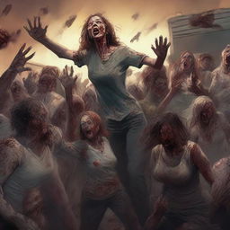 This is a highly detailed digital art piece depicting a horde of zombies reaching out towards a group of women