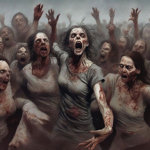 This is a highly detailed digital art piece depicting a horde of zombies reaching out towards a group of women