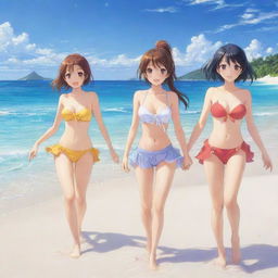 Colorful and lively anime girls enjoying on a beautiful sunlit beach against a backdrop of crystal clear waters and pristine white sands.