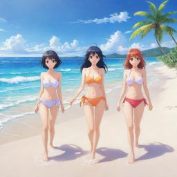 Colorful and lively anime girls enjoying on a beautiful sunlit beach against a backdrop of crystal clear waters and pristine white sands.