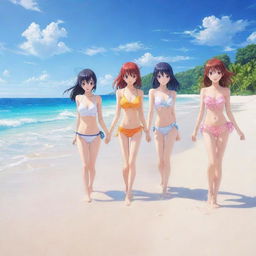 Colorful and lively anime girls enjoying on a beautiful sunlit beach against a backdrop of crystal clear waters and pristine white sands.