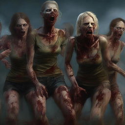 This is a highly detailed digital art piece featuring a group of attractive women in distress as zombies rip at their clothing