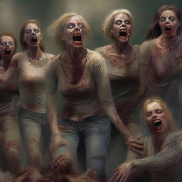 This is a highly detailed digital art piece featuring a group of attractive women in distress as zombies rip at their clothing