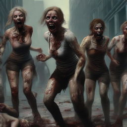 This is a highly detailed digital art piece featuring a group of attractive women in distress as zombies rip at their clothing