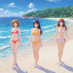 Colorful and lively anime girls enjoying on a beautiful sunlit beach against a backdrop of crystal clear waters and pristine white sands.