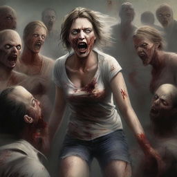 This digital art piece is highly detailed, featuring an attractive woman in a state of distress as her shirt is being torn off by zombies