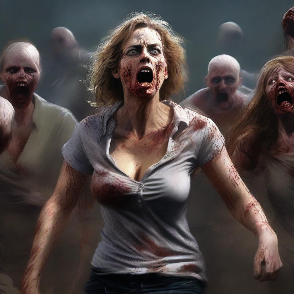 This digital art piece is highly detailed, featuring an attractive woman in a state of distress as her shirt is being torn off by zombies