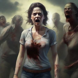 This digital art piece is highly detailed, featuring an attractive woman in a state of distress as her shirt is being torn off by zombies