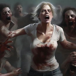 This digital art piece is highly detailed, featuring an attractive woman in a state of distress as her shirt is being torn off by zombies