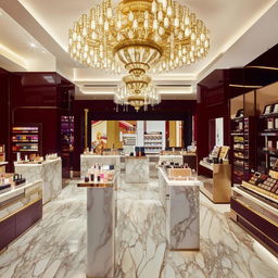 A luxury cosmetics store design with elegant chandeliers, marble counters, gold accents and a wide assortment of exclusive beauty products.